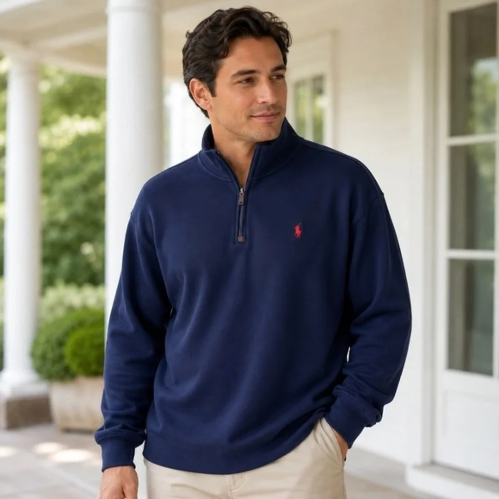 Polo Ralph Lauren Mens 2XLT Quarter Zip Pullover‎ Navy Blue Cotton